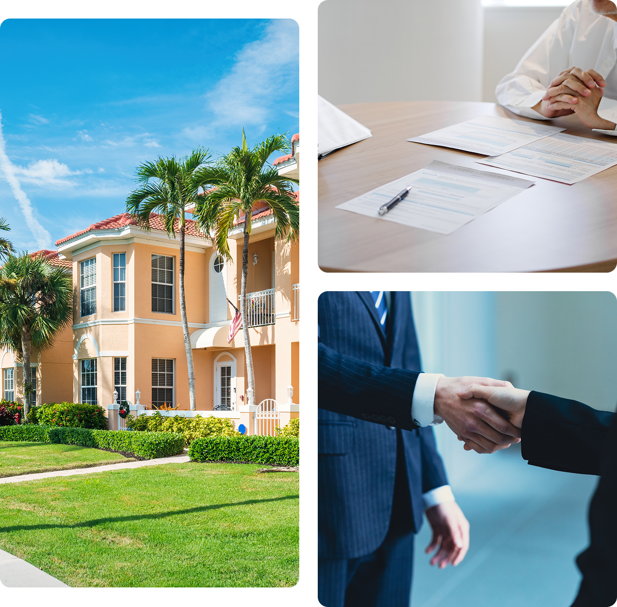 Real estate transaction: house, documents, handshake.